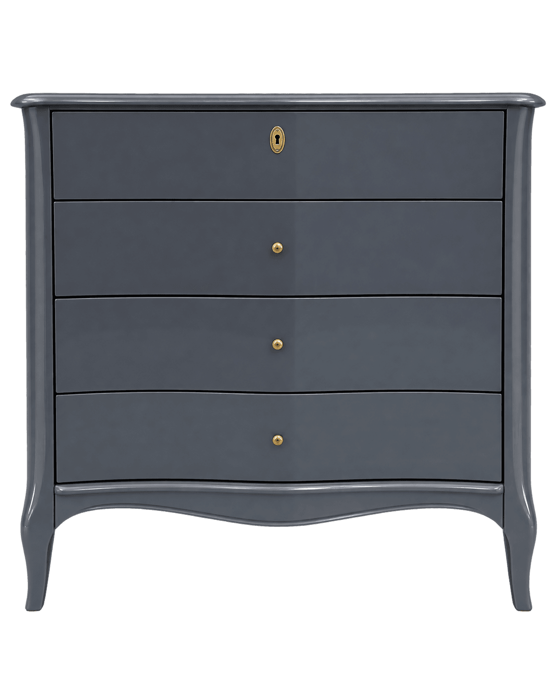 A dark grey chest of drawers featuring a serpentine front and four drawers. The top drawer includes a decorative brass key escutcheon. Each drawer is fitted with a single brass knob pull. The piece stands on four subtly curved cabriole-style legs, with a scalloped apron connecting the front legs. The top surface is flat with a gently rounded edge. The overall finish is a smooth, matte dark grey lacquer. — 3D model