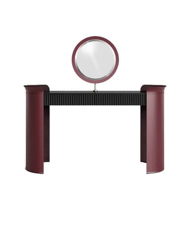 A modern vanity desk featuring a sleek, elongated oval tabletop in black, supported by two dramatic U-shaped legs finished in a dark red/burgundy lacquer. An integrated oval mirror with a matching burgundy frame is mounted on a small gold-toned stand at the center of the tabletop. The front panel beneath the tabletop features a fluted or ribbed texture, providing a distinct decorative detail. The overall design emphasizes smooth curves and a refined, contemporary aesthetic. — 3D model