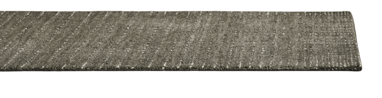 A rectangular rug with a relatively short pile. The rug appears to be made of a textured material with subtle variations in tone, suggesting a woven or hand-knotted construction. The color is a muted grayish-brown or taupe. The edges appear to be neatly finished. The image shows the rug from a side perspective against a black background. — 3D model