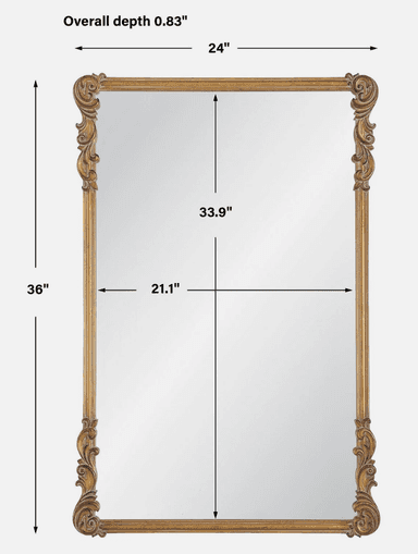 A rectangular mirror with a decorative, ornate frame. The frame has a golden finish and features carved scrollwork and fluting along its sides. The corners are adorned with elaborate acanthus leaf-like carvings. The mirror surface is clear and reflective. — 3D model