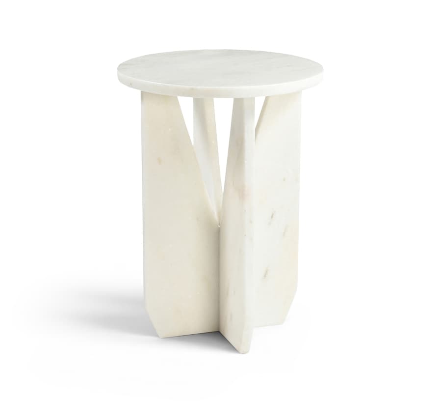 A modern, minimalist side table crafted entirely from white marble. It features a circular tabletop supported by a sculptural base composed of three angular, solid marble slabs that converge towards the center. The marble exhibits subtle natural veining, adding to its elegant aesthetic. — 3D model