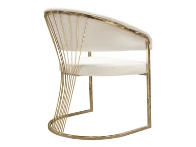A contemporary accent chair featuring a polished gold-finished metal frame and cream-colored upholstered seat and backrest. The chair has a distinctive curved silhouette with an open, fanned wire-rod design on the back, while the front legs form a continuous U-shape. — 3D model