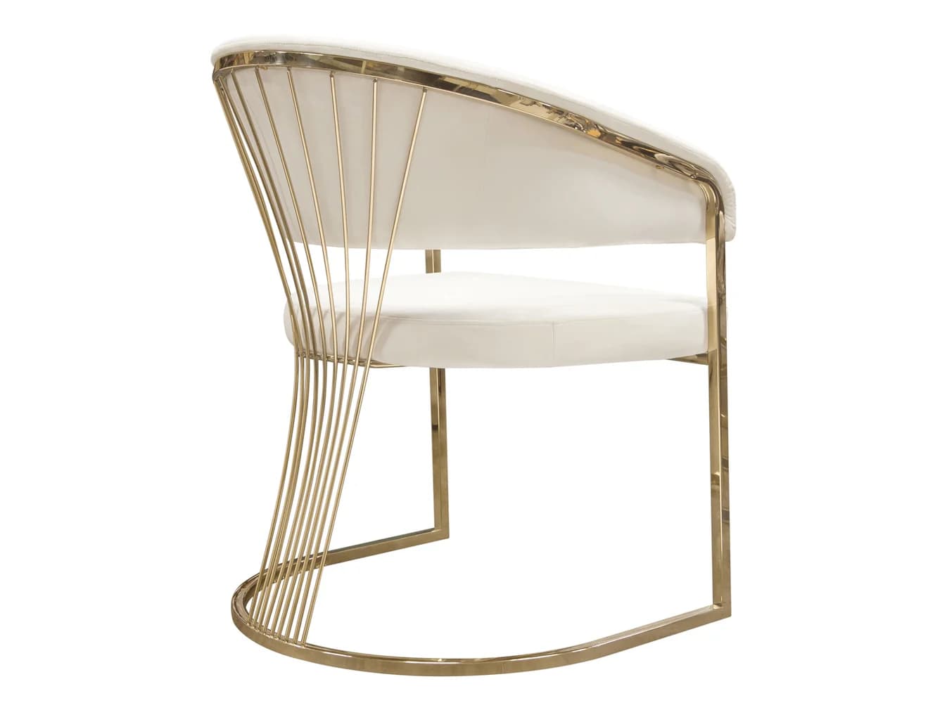 A contemporary accent chair featuring a polished gold-finished metal frame and cream-colored upholstered seat and backrest. The chair has a distinctive curved silhouette with an open, fanned wire-rod design on the back, while the front legs form a continuous U-shape. — 3D model
