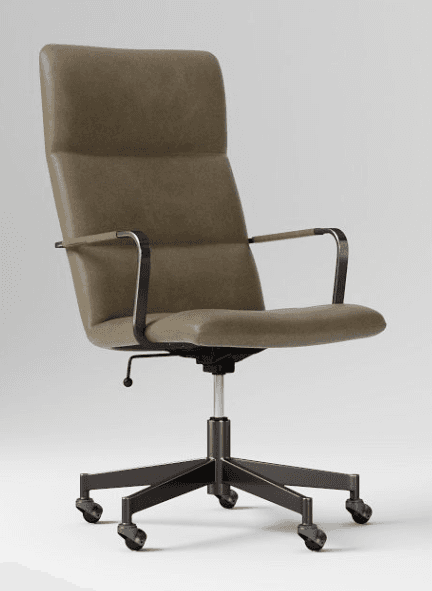 A contemporary high-back executive office chair featuring a sleek, minimalist design. The chair is upholstered in a smooth, matte olive-brown material, likely leather or faux leather, with subtle horizontal channeling on the backrest and seat. It includes slim, dark-finished metal armrests with padded tops, a five-star metal base with casters for mobility, and a visible lever for height adjustment and potentially recline. The overall aesthetic is professional and modern. — 3D model
