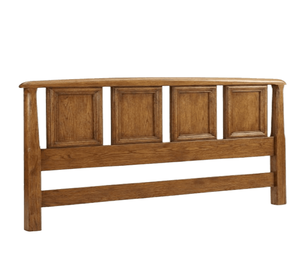 A wooden headboard with a curved top rail and four rectangular recessed panels. The headboard features vertical supports on either side and horizontal rails along the lower section. The wood grain is visible, and the finish appears to be a medium-toned stain. — 3D model
