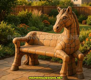 A unique, sculptural bench designed in the likeness of a horse, featuring a textured surface resembling mosaic tiling or patterned stone. The horse's head forms one end of the bench, while its tail forms the other, creating a distinctive and whimsical piece of outdoor seating. The surface appears to be a composite stone or concrete with a detailed, tessellated pattern. — 3D model