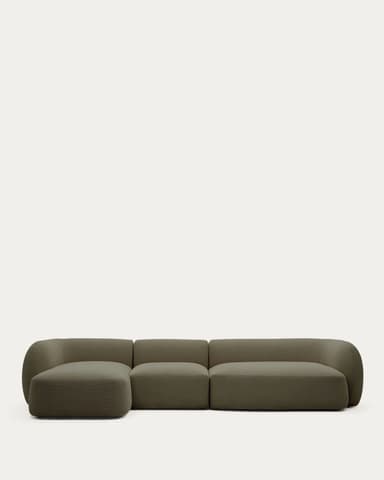 A contemporary modular sectional sofa featuring a left-hand facing chaise, upholstered in a dark olive green textured fabric, characterized by soft rounded edges and a low-profile design. — 3D model
