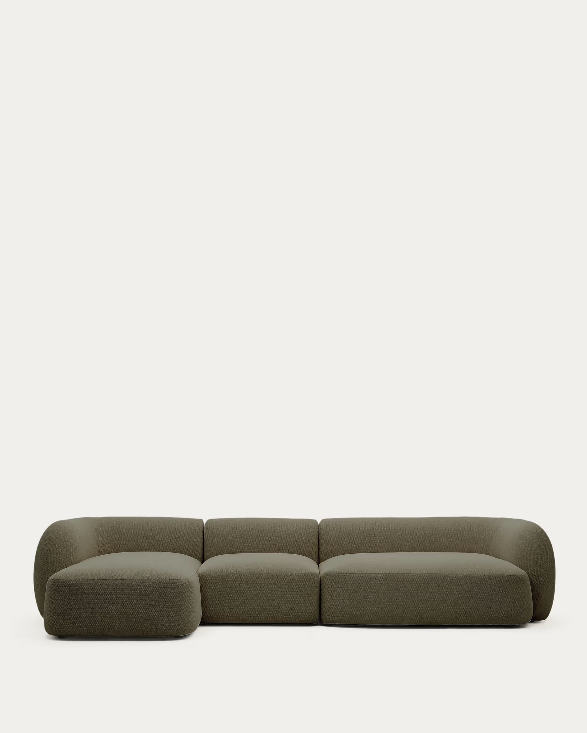 A contemporary modular sectional sofa featuring a left-hand facing chaise, upholstered in a dark olive green textured fabric, characterized by soft rounded edges and a low-profile design. — 3D model