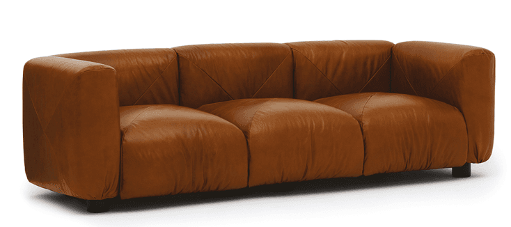 A contemporary three-seater sofa with a curved silhouette, upholstered in brown leather. The sofa features distinct channel tufting on the back cushions, creating a geometric diamond pattern. The seat cushions are plush and segmented. It has integrated armrests and rests on short, dark-colored legs. — 3D model