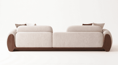 A contemporary upholstered armchair, featuring thick, rounded cushioning in a textured, off-white fabric. The chair incorporates dark wooden side panels that run vertically along its exterior. A loose, rectangular brown accent pillow rests against the back cushion, adding a touch of contrast. The design emphasizes comfort and a minimalist aesthetic. — 3D model