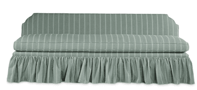 An upholstered dining bench with a high backrest and a full, pleated skirted base, featuring a light sage green fabric with white pinstripes. — 3D model