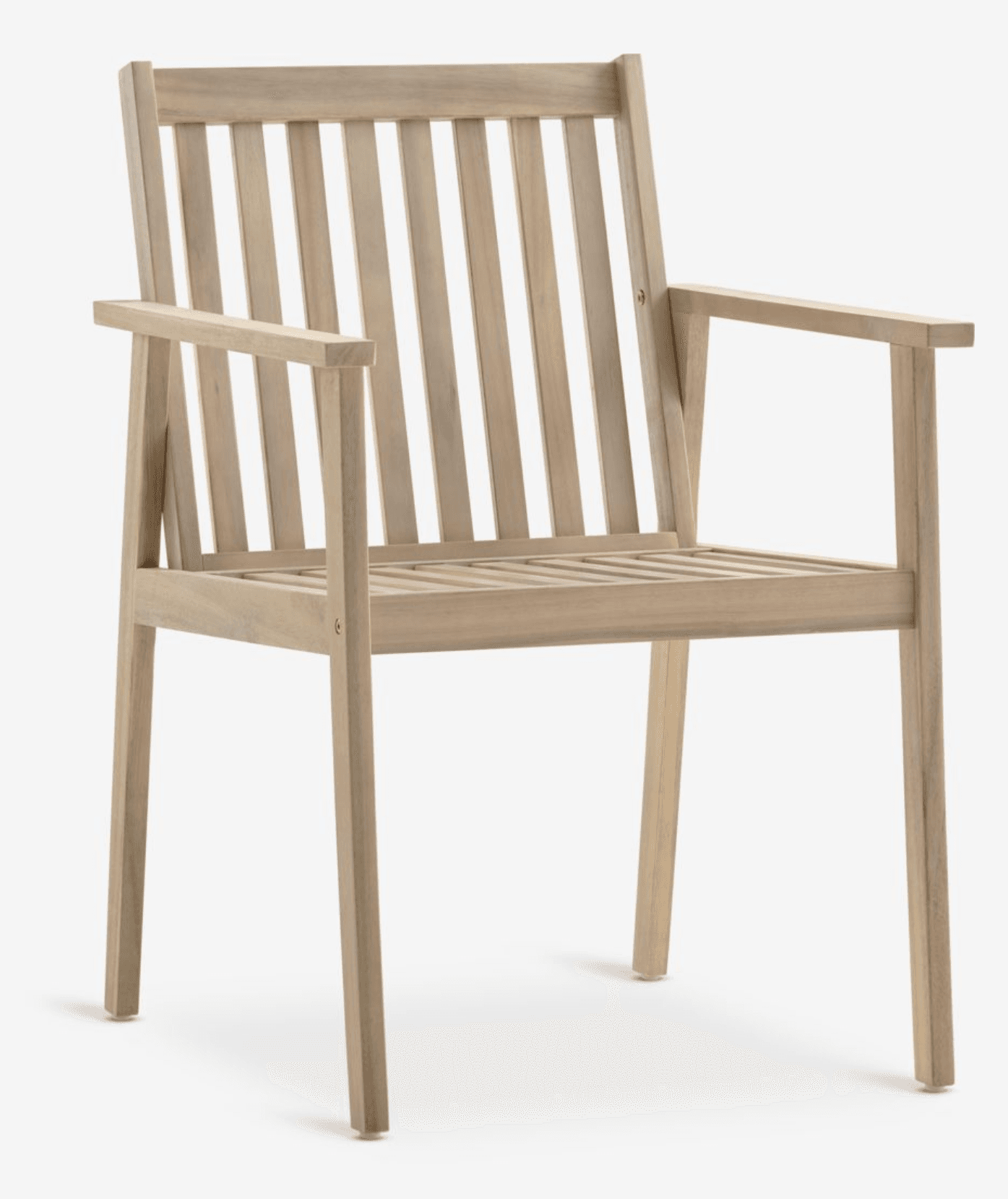 A contemporary outdoor armchair constructed from light-toned wood, featuring a slatted backrest and seat, straight armrests, and square legs. The design is simple and functional, characteristic of outdoor patio furniture. — 3D model