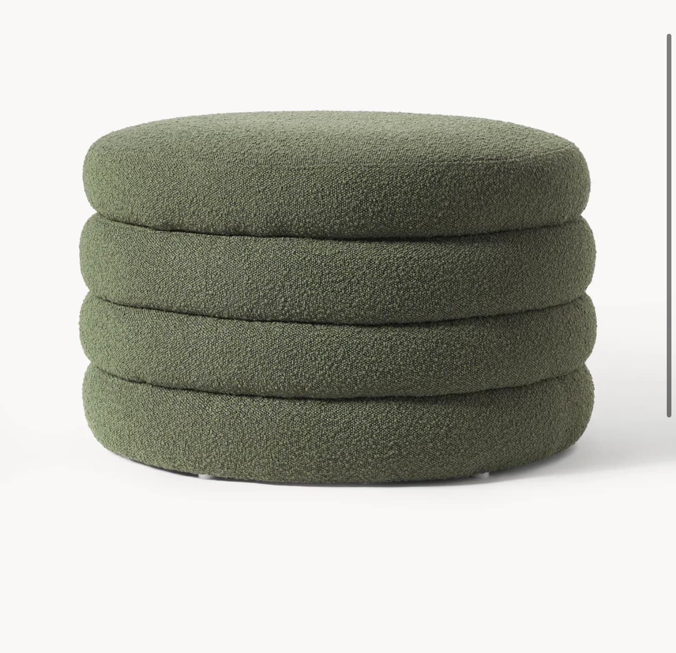 A circular ottoman composed of four stacked, cushioned sections. The ottoman has a textured, boucle-like fabric upholstery in a deep green color. Each section appears to be cylindrical with rounded edges, creating a layered effect. — 3D model