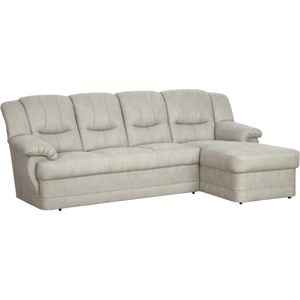 A light gray or beige upholstered sectional sofa featuring multiple seat cushions, plush backrests, and an integrated right-hand facing chaise lounge. — 3D model