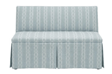 An upholstered banquette seating unit featuring a light blue fabric with white wavy and solid vertical stripes, and a pleated skirt base. — 3D model