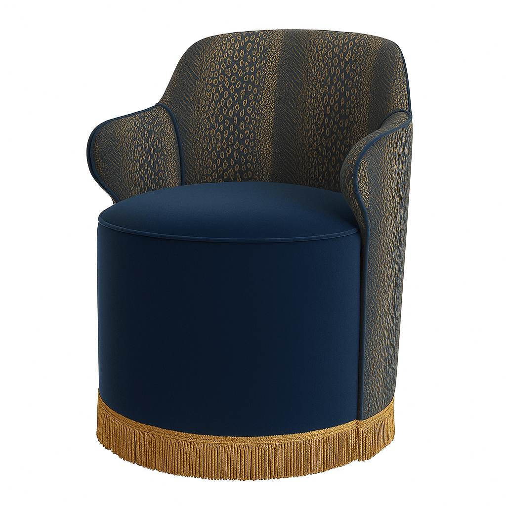 A distinctive armchair featuring a rounded, upholstered seat and back with outward-curving arms. The lower body of the chair is cylindrical and upholstered in a solid navy blue fabric. It is adorned with a decorative gold fringe along the bottom edge. The back and armrest exteriors are upholstered in a contrasting fabric with a gold-toned animalistic pattern on a darker base, creating a striking visual contrast. — 3D model