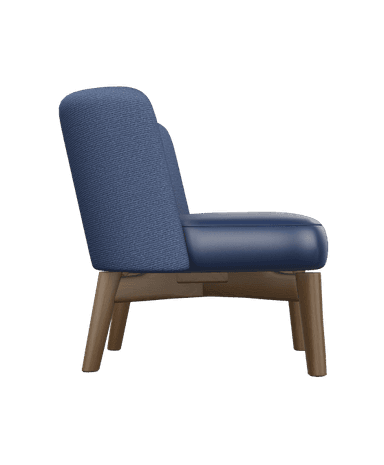 An armless lounge chair featuring a contemporary design with a low profile, upholstered in two contrasting blue materials, and supported by a wooden base with tapered legs. — 3D model
