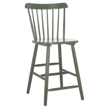 A dark green, wooden counter stool featuring a classic spindle back design. The stool has a solid, slightly contoured seat and four splayed legs connected by two sets of stretchers that also serve as footrests. Its height suggests suitability for kitchen counters or bar areas. — 3D model