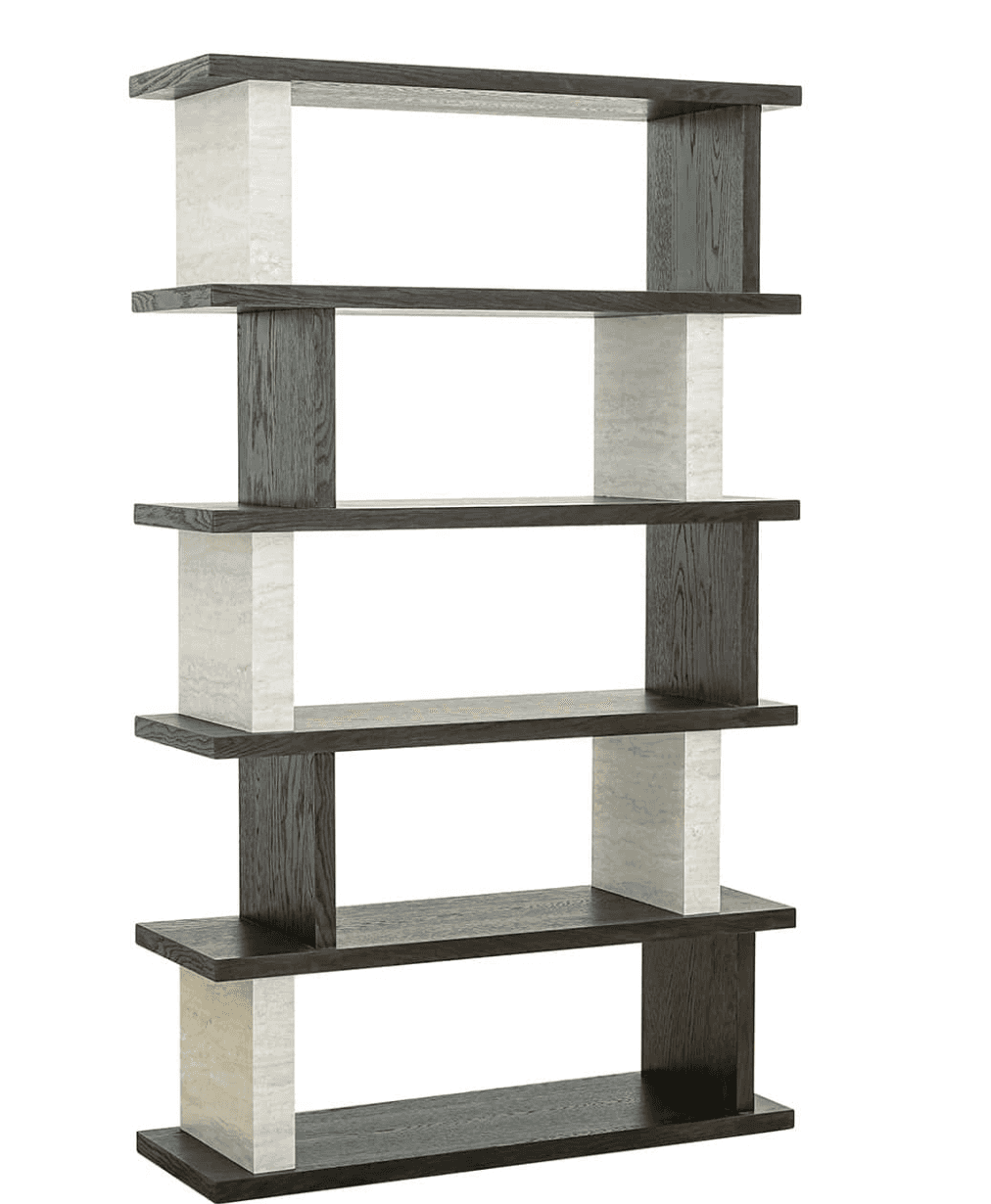 A modern, open-back bookcase with five horizontal shelves supported by alternating vertical elements. The horizontal shelves appear to be constructed from dark stained wood with a visible grain. The vertical supports alternate between the dark wood and a lighter, possibly marble or stone material with a veined pattern. The design is geometric and asymmetrical. — 3D model