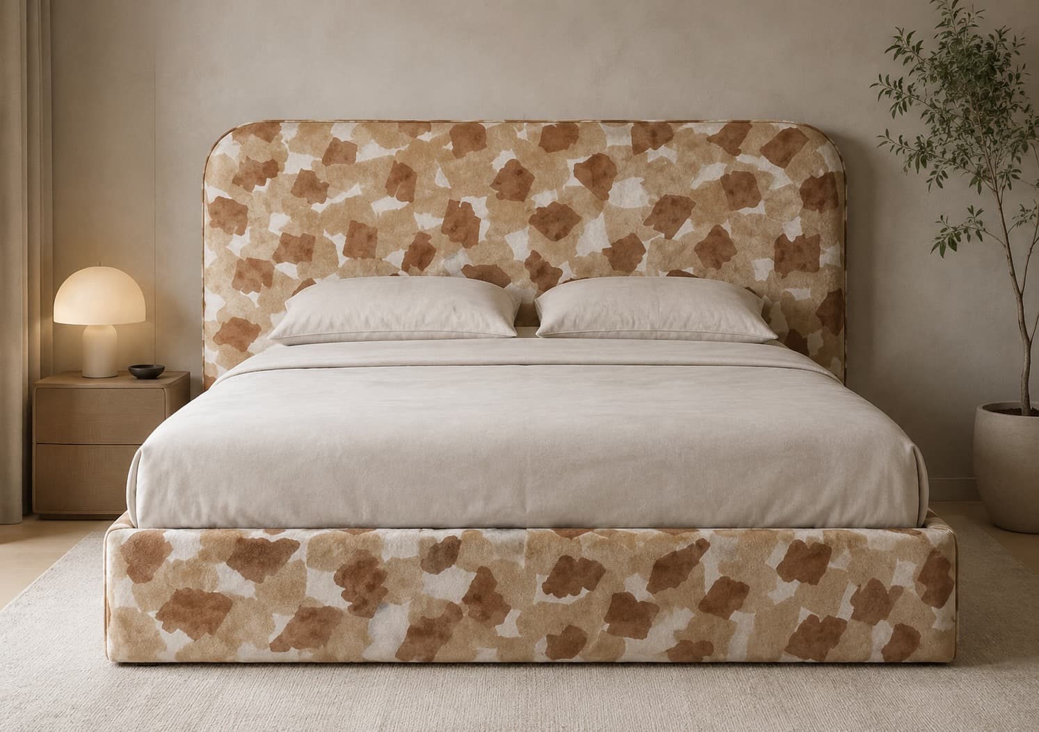 A contemporary upholstered platform bed featuring a high headboard and integrated bed frame, both covered in a distinctive abstract fabric pattern of brown and beige tones. The bed is shown with a mattress and pillows, suggesting a complete sleeping solution. — 3D model