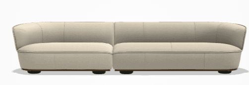 A contemporary loveseat featuring a sleek, low-profile design with continuous rounded arms and backrest, upholstered in a light cream fabric or leather. It has two distinct seat cushions and a recessed dark wooden base. — 3D model