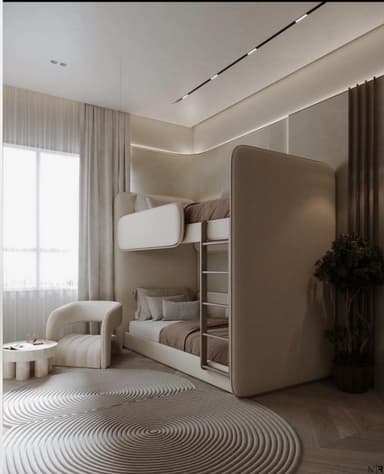 A modern bunk bed with a sleek, rounded design. The structure features a top and bottom sleeping area, a ladder for access to the upper bunk, and integrated side panels for safety and aesthetic appeal. The beds are dressed with bedding in neutral tones. — 3D model