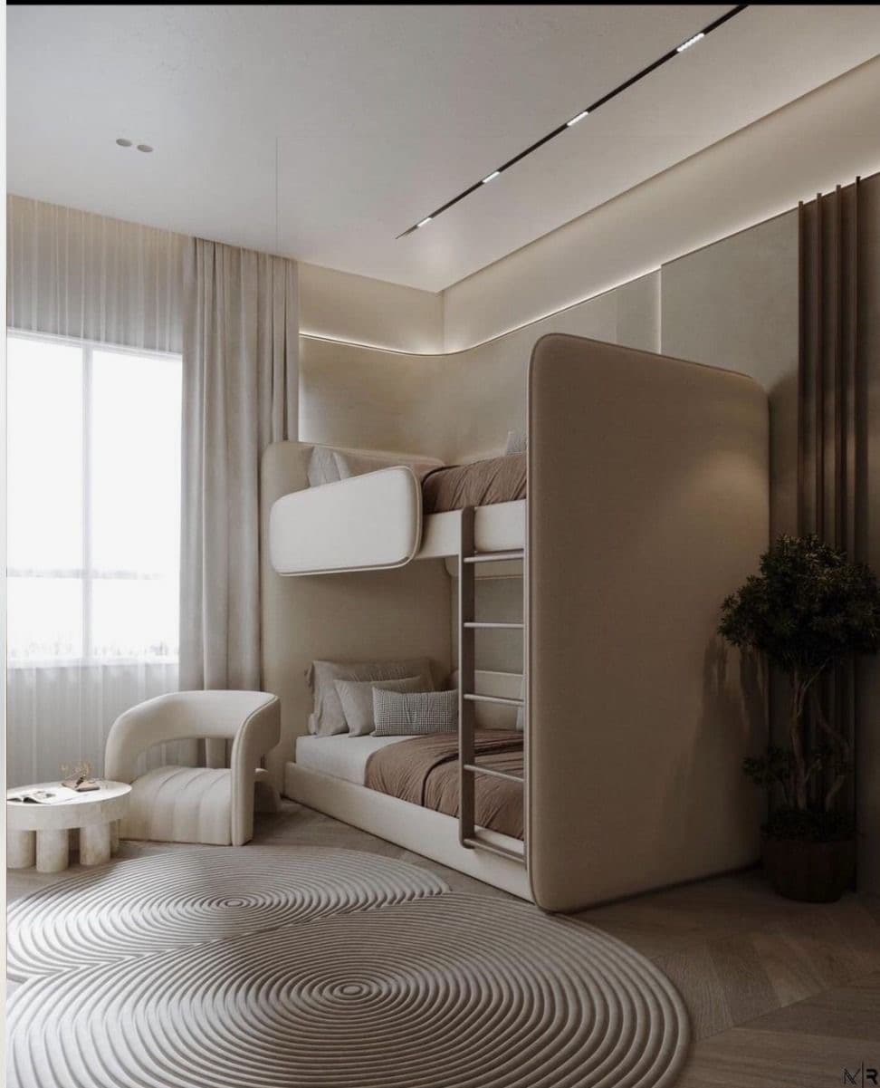 A modern bunk bed with a sleek, rounded design. The structure features a top and bottom sleeping area, a ladder for access to the upper bunk, and integrated side panels for safety and aesthetic appeal. The beds are dressed with bedding in neutral tones. — 3D model
