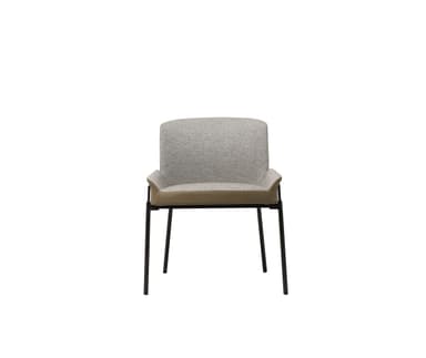A contemporary dining armchair featuring a sleek metal frame, upholstered backrest in textured light grey fabric, and a contrasting lighter beige seat and integrated armrests, likely in faux leather or leather. — 3D model