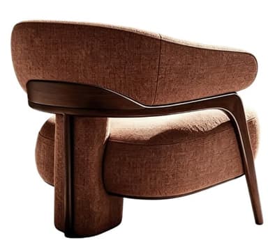 A modern sculptural lounge chair featuring a prominent dark-stained wooden frame that cradles plush, textured terracotta-brown upholstery. The chair exhibits a distinctive design where the wooden frame forms the back support, integrated armrests, and one splayed leg, while the opposing side features a solid, block-like upholstered base. The seat and back cushions are generously padded, suggesting comfort, and follow the organic curves of the supporting structure. The overall aesthetic is contemporary and elegant. — 3D model