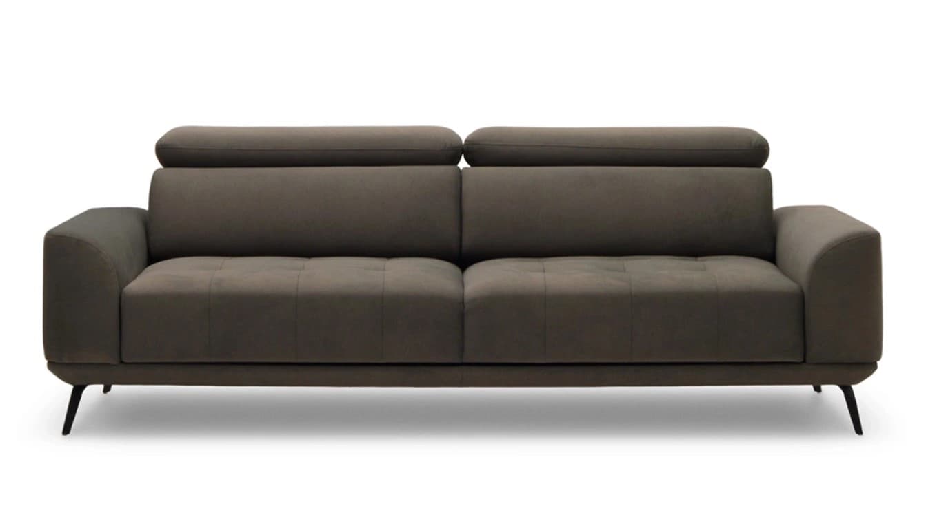 A modern, two-seater sofa with a dark brown upholstered finish. It features a low profile, square arms with rounded edges, and a tufted seat cushion. The backrest is composed of two distinct sections, each topped with an adjustable headrest that can be extended upwards. — 3D model