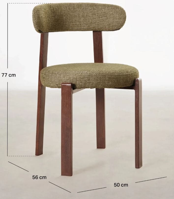 A modern chair with a wooden frame and upholstered seat and backrest. The frame consists of four legs, a seat support structure, and a backrest support. The seat and backrest are covered in a textured green fabric. — 3D model