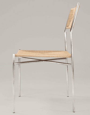 A modern chair featuring a slender, polished metal frame with a high backrest and a seat constructed from tightly woven natural fiber cord in a diamond pattern. The frame has four legs, and the overall design is minimalist and lightweight. — 3D model