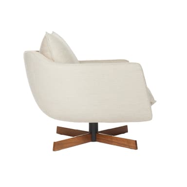 A modern upholstered swivel lounge armchair with a splayed wooden base. — 3D model