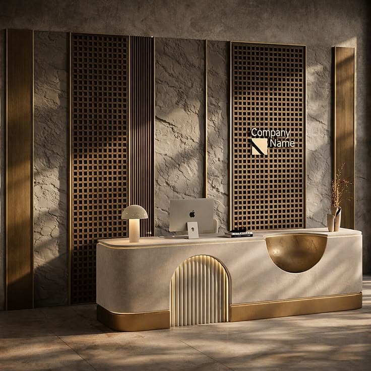 A long, rectangular console cabinet featuring a matte light cream finish with prominent gold-toned metal accents. The design incorporates a large, heart-shaped recessed golden bowl on one end of the top surface and a vertical fluted or reeded panel on the cabinet's face. A small, modern mushroom-shaped lamp sits on the opposite end of the cabinet's surface. The base of the cabinet is a continuous band of gold-toned metal, creating a sleek, elevated appearance. — 3D model