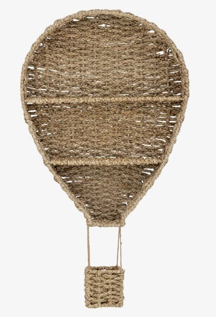 A decorative wall-mounted shelf designed in the shape of a hot air balloon, crafted from woven natural fibers. It features a large balloon-shaped upper section with two internal shelves and a smaller, rectangular basket-like base suspended below, mimicking the gondola of a hot air balloon. — 3D model