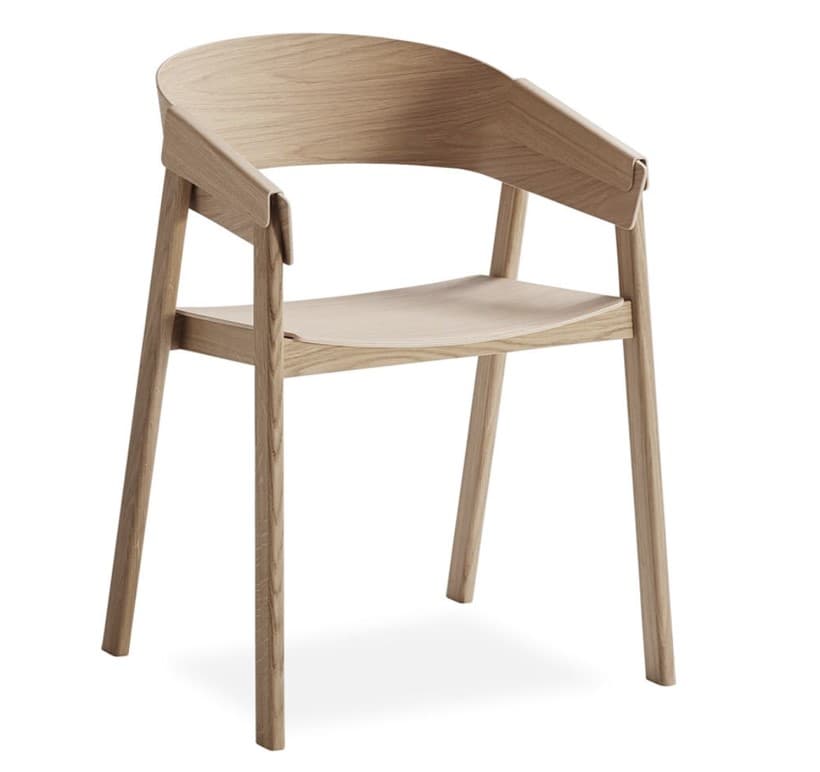 A modern armchair with a gently curved backrest and armrests, supported by four tapered legs. The seat and back appear to be molded or formed from wood veneer, creating a continuous, ergonomic shape. The visible joinery suggests a clean and minimalist construction. — 3D model