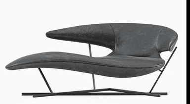 An avant-garde chaise lounge with a striking, organic form. It features a dark, textured upholstery and is supported by a minimalist, geometric metal base. The design is asymmetrical and sculptural, suggesting a modern or contemporary aesthetic. — 3D model