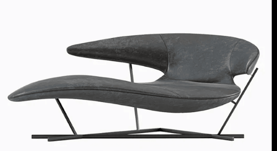 An avant-garde chaise lounge with a striking, organic form. It features a dark, textured upholstery and is supported by a minimalist, geometric metal base. The design is asymmetrical and sculptural, suggesting a modern or contemporary aesthetic. — 3D model