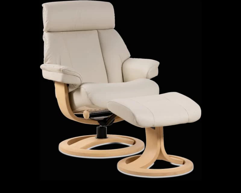 A contemporary recliner chair and matching ottoman, upholstered in cream-colored faux leather, with light-toned bentwood bases. The chair features a padded headrest, backrest, seat, and armrests, supported by a circular swivel base. The separate ottoman provides elevated leg support, mirroring the chair's design and materials. — 3D model