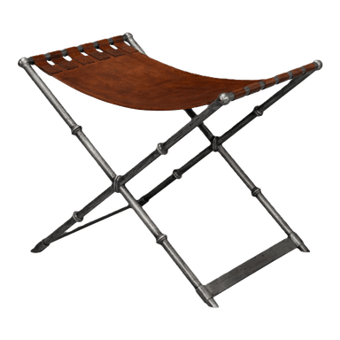 A folding stool featuring an X-shaped metal frame and a sling seat crafted from brown leather. The metal frame displays an aged, silver-toned finish with subtle decorative turnings. The leather seat is secured to the frame with leather straps and visible cross-stitching. — 3D model