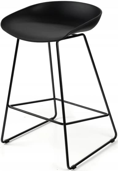 A minimalist, contemporary bar stool featuring a deeply contoured, ergonomic seat crafted from matte black molded plastic. The seat is supported by a sturdy and visually light base composed of slender, powder-coated black metal rods, which form a stable four-legged structure and an integrated footrest. — 3D model