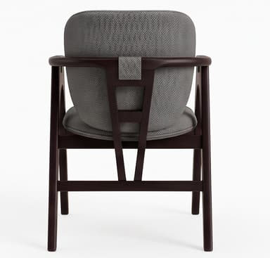 An overhead view of a contemporary armchair featuring a dark stained bentwood frame and grey upholstered seat and backrest. The design is sleek and modern, with the frame forming continuous armrests and supporting the padded elements. — 3D model