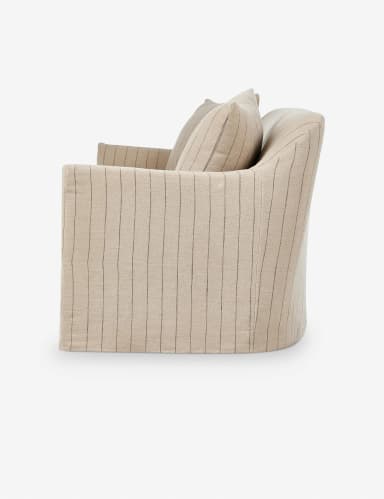 A modern upholstered loveseat featuring a skirted base and two back cushions, covered in a light beige fabric with subtle black vertical stripes. — 3D model