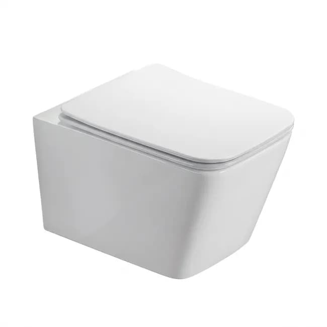 A modern, wall-mounted toilet with a clean, minimalist design. The toilet features a concealed cistern (not visible in this image) and a soft-close seat and lid. The overall shape is angular and rectangular with softened corners. It appears to be designed for a contemporary bathroom aesthetic. — 3D model