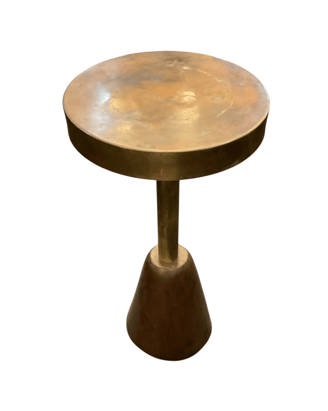 A small, round accent table featuring a patinated brass top, a slender brass central column, and a distinctive conical base made from dark wood. The mixed materials and simple form suggest a Mid-Century Modern or contemporary aesthetic. — 3D model
