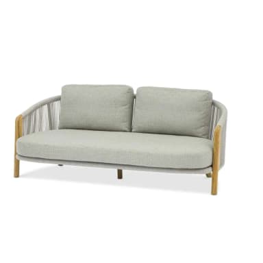 A two-seater sofa with a rounded back and arms, featuring a wooden frame on the sides and legs, and a seat and backrest upholstered in a light grey textured fabric. The back of the sofa is detailed with woven ropes or cords. — 3D model