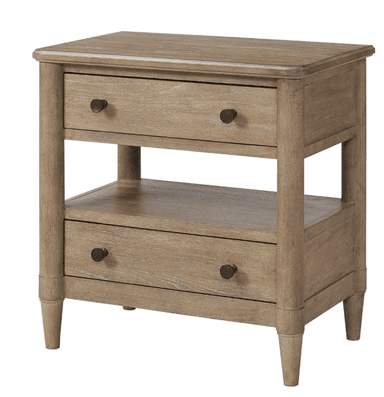 A wooden nightstand with two drawers and an open shelf. The top surface is flat with slightly rounded edges. Each drawer has a single, round, dark-colored pull. The legs are tapered and have decorative banding near the top. The wood grain is visible, suggesting a natural wood construction with a light brown, distressed finish. — 3D model