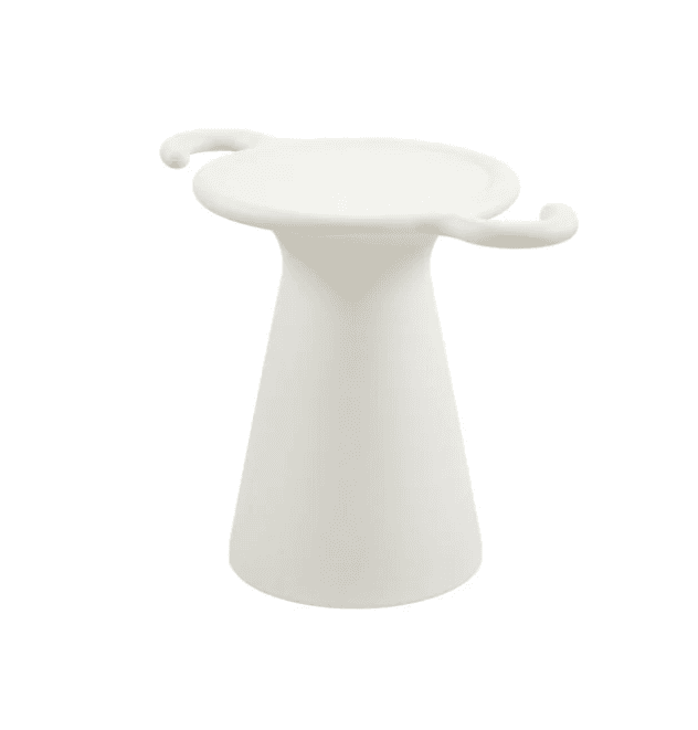 A modern, white stool with a conical base that flares out at the top to form a seat. It features two curved handles extending from the sides of the seat. — 3D model