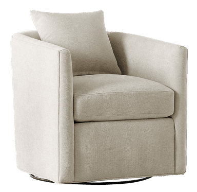 An off-white or beige upholstered swivel chair with a contemporary barrel-back design. It features integrated arms, a removable seat cushion, and a loose back pillow, all covered in a textured fabric. The chair sits on a discreet black swivel base. — 3D model