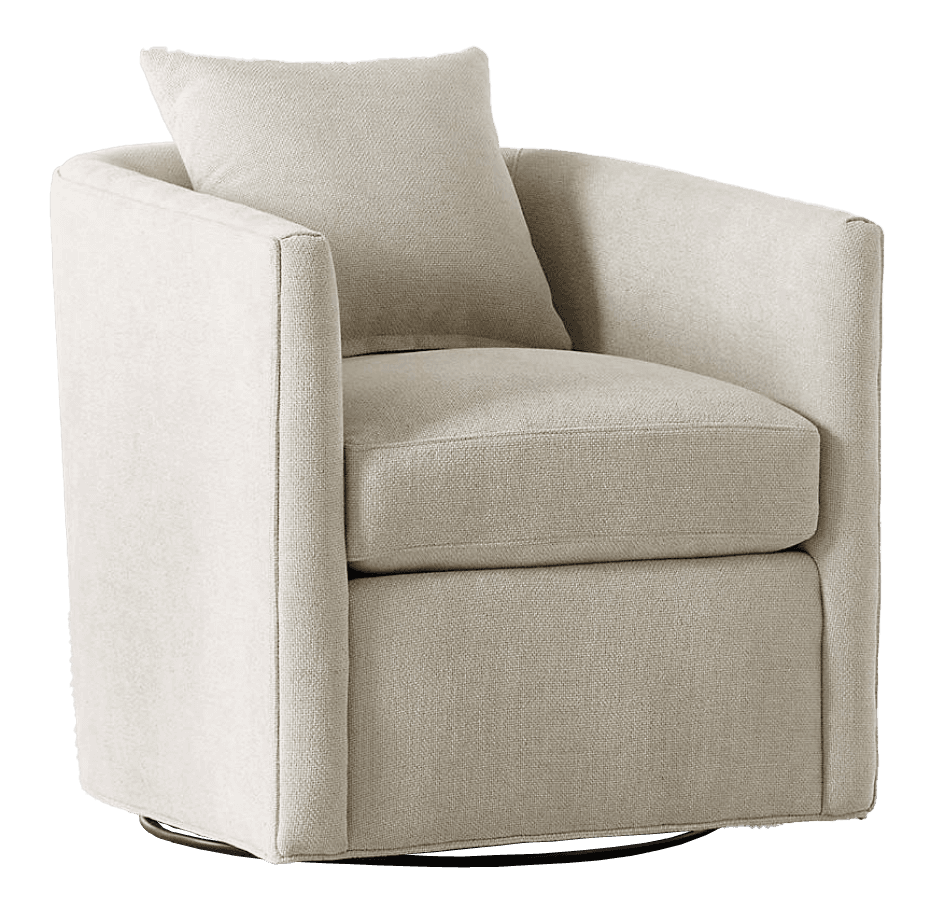 An off-white or beige upholstered swivel chair with a contemporary barrel-back design. It features integrated arms, a removable seat cushion, and a loose back pillow, all covered in a textured fabric. The chair sits on a discreet black swivel base. — 3D model